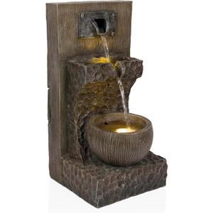 Alpine Corporation ZDQ108 Indoor/Outdoor Floor 3-Tier Fountain with LED Lights, Cascading Garden Water Fountain, 20" H, Brown
