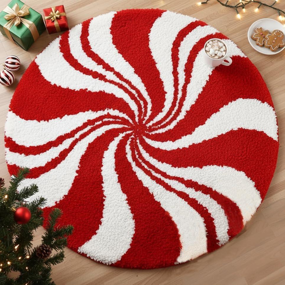 Christmas Bathroom Rugs, Candy Cane Bath Mat for Peppermint Christmas Decor, Winter Rugs Decorations, Absorbent Bathtub Doormats Non Slip Washable, 24 x 24 Inch