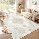 6x9 Area Rugs for Living Room, Washable Vintage Boho Neutral Medallion Rug Non Slip Low Pile Floor Carpet for Bedroom Nursery Dining Room (Beige, 6'x9')