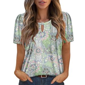 Angerella Womens Casual V Neck Short Sleeve Floral Boho T Shirts Trendy Summer Tops Pleated Tunic Blouses Bean, Green Small