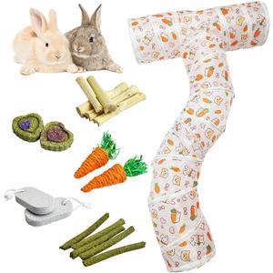 PINVNBY Large Rabbit Tunnel，Collapsible Rabbit Tunnels for Indoor Bunnies Bunny Hideout with 5 Types of Chewing Toys for Ferret Kitten Small Animals (T Shape)