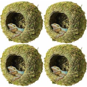 Tinideya 4 Pcs Mossy Cave Hide Artificial Green Reptile Mossy Hideout 4 Inch Humidity Crested Gecko Tank Decor for Pet Reptile Frogs Snakes Turtle Spider Lizard Chameleon, Terrarium Vivarium Decor