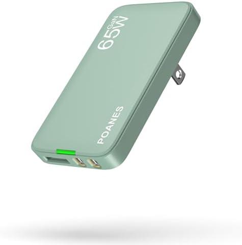 65W GaN USB C Charger, Ultra-Slim Wall Charger (Dual C + USB-A) with PD3.0/PPS, Foldable Plug for Travel for MacBook, Laptops, Tablets, iPhone(Mint Green-65W)