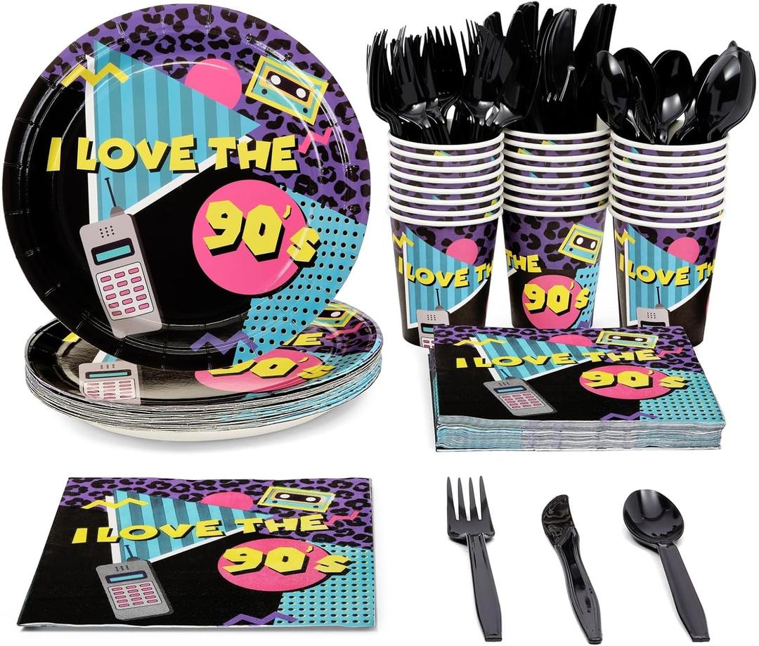 BLUE PANDA 144 Piece I Love the 90s Theme Party Decorations, Retro 1990s Birthday Plates, Napkins, Cups, Cutlery (Serves 24) - 1990s Party Decorations