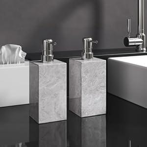 AUSAULAC 2 Set Real Natural Marble Soap Dispenser with Stainless Steel Pump – Decorative Liquid Hand Soap Bottle for Kitchen & Bathroom, Compatible with Lotion, Dish Soap & Shower Gel (Grey)