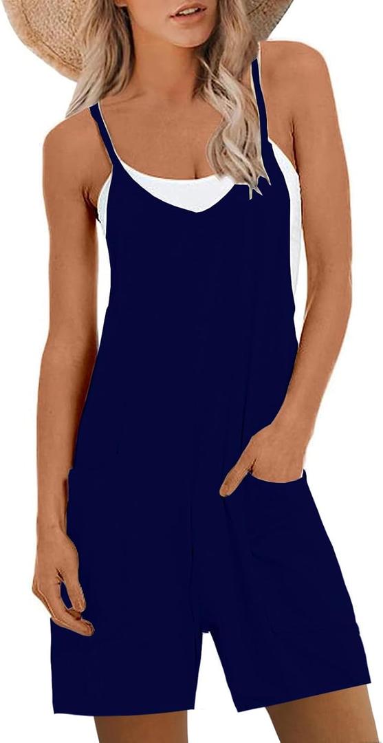 Womens Summer Rompers Casual Loose Sleeveless Overalls Spaghetti Strap Shorts Jumpsuit Beach Vacation Outfits (XXL, Dark Blue)