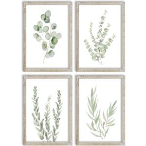 LuZhiQiang Botanical Wall Decor Sign 16x11 Inch Sage Green Plants Prints Set of 4 Modren Minimalist For Bathroom Bedroom Laundry Room Aesthetic Watercolor Small Wood Framed Wall Hanging Art (White)