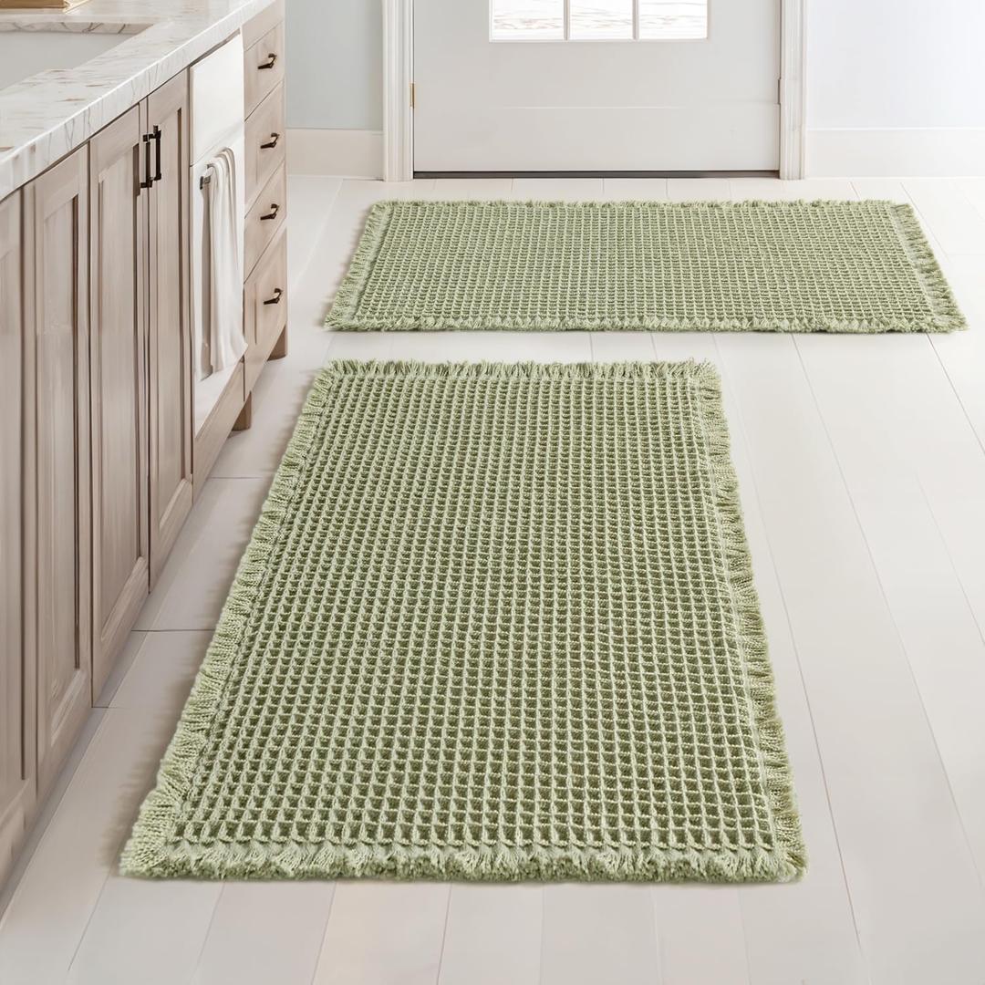 MIULEE Set of 2 Waffle Bathroom Rugs, Boho Bath Rugs Non Slip Washable, Super Absorbent Bath Mats, Ultra Soft Rubber Backed Shower Mats for Bathroom Floor, Tub and Shower, Sage Green, 18x30 Inch
