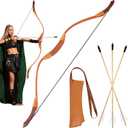Wooden Bow and Arrow Set Leather Quiver 40 Inch Medieval Wooden Bow and Arrow Halloween Cosplay Costume Prop (Brown)