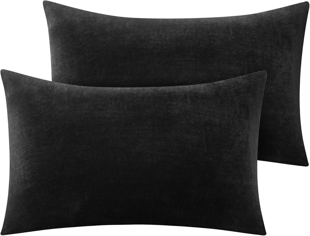 BEDELITE Flannel King Size Pillow Cases Set of 2, Super Soft Fleece Pillowcases with Zipper for Bedroom, Sofa, Couch,Luxury Cozy Fuzzy Velvet Pillow Shams for All Seasons(20x40 Inches,Black)