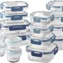 COOK WITH COLOR Premium 32-Pc. Borosilicate Glass Food Container Set with Dividers - 4 Rectangles, 8 Rounds, 4 Squares - Leakproof Lids - Meal Prep, Storage, Ombre Blue