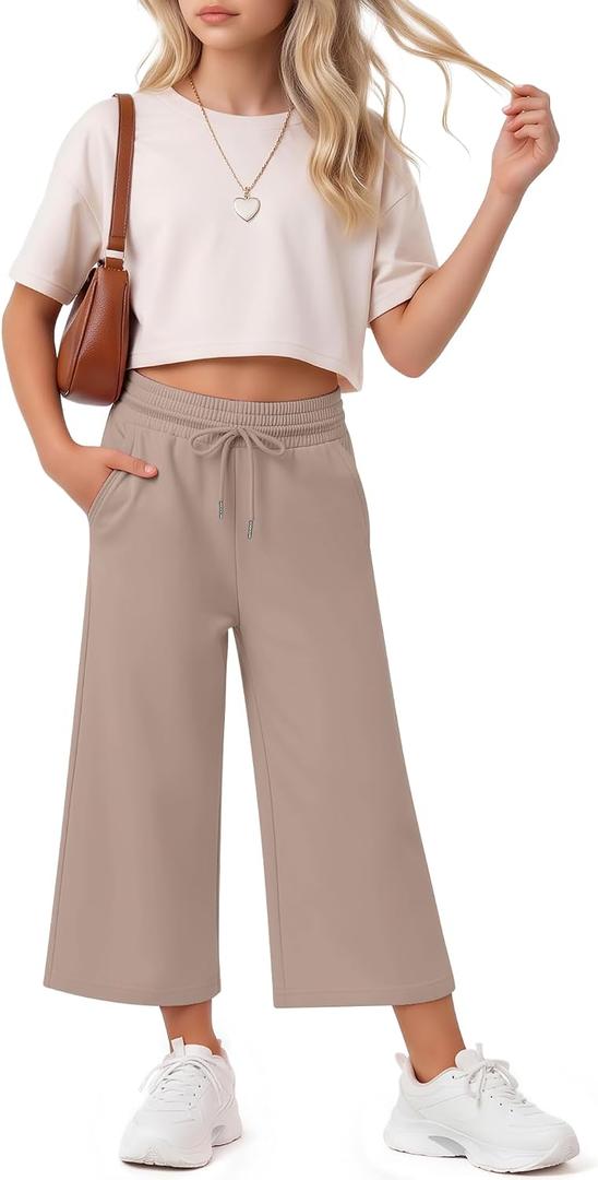 Halfchet Girls Capri Pants Wide Leg Sweatpants Baggy Cropped Pants Loose Fit Casual Basic Capris with Pockets for Ages 5-14