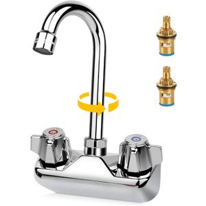 Leak-Free 4 Inch Center Commercial Hand Sink Faucet with Ceramic Valve, Wall Mount Bar Kitchen Hand Wash Sink Faucet with 3-1/2" Swivel Gooseneck Spout & Dual Knobs, Brass Constructed