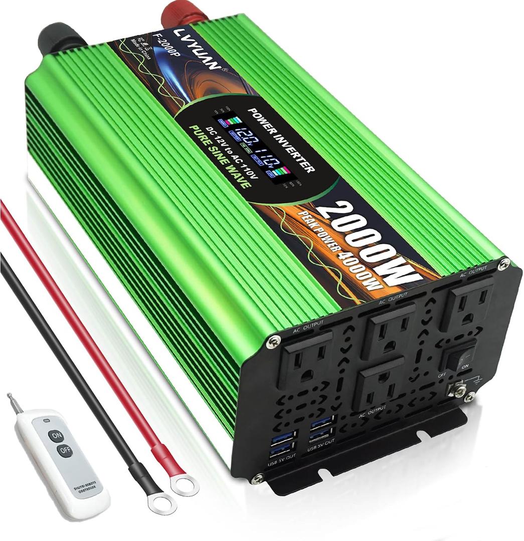 2000 Watt Pure Sine Wave Inverter, DC 12V to 120V AC Power Inverter for Vehicle, RV, Truck, Off-Grid, Car Power Inverter with 4 AC Outlet, 5V/3.1A USB, Remote Control, Surge 4000W