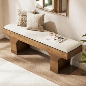 LITTLE TREE 55.2" Dining Bench with Linen Cushion, Farmhouse Entryway Bench, 55.12" W x 13.78" D x 17.72" H