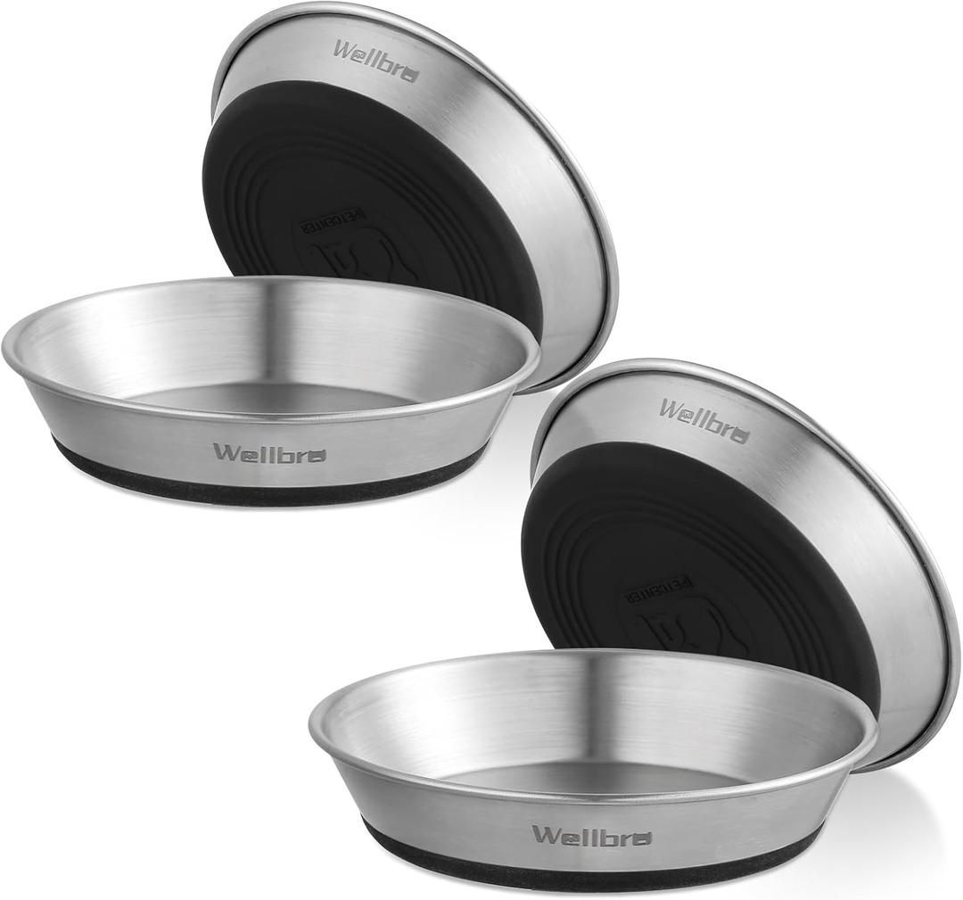 Cat Bowls, 4 Pcs Stainless Steel Cat Bowls for Food and Water, Whisker Fatigue Shallow Non-Slip Cat Dishes Plates for Small Dog Puppies Cats (4 Non-slip Bowls)