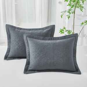 WINLIFE 100% Cotton Quilted Pillow Sham Floral Printed Pillow Cover Set of 2 (Standard Size, Dark Grey)