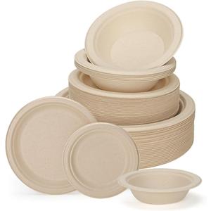 150 Pcs Disposable Paper Plates and Bowls Bulk, 50 Pack Compostable Paper Plates and Bowls Dinnerware Set, Include 7 Inch & 9 Inch Plate, 12 Oz Biodegradable Bowl for Birthday Party Dinner Camping