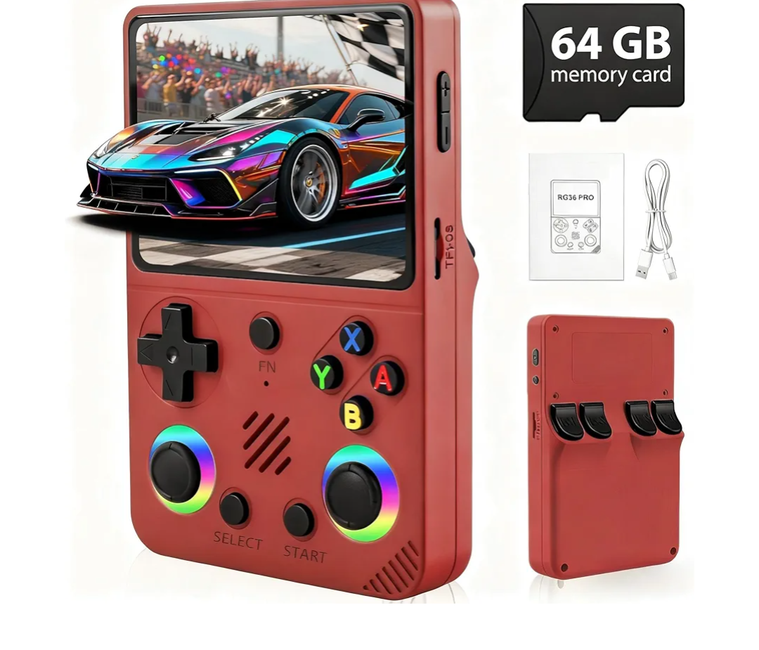 Rhesusco RG36PRO Retro Video Game Console  Support 30000+Classic Games, 64G TF Card, Open Source System, 3.5Inch Screen, 3000mAh Battery, Portable Console for Travel, Gift for Adult or Partner  Red