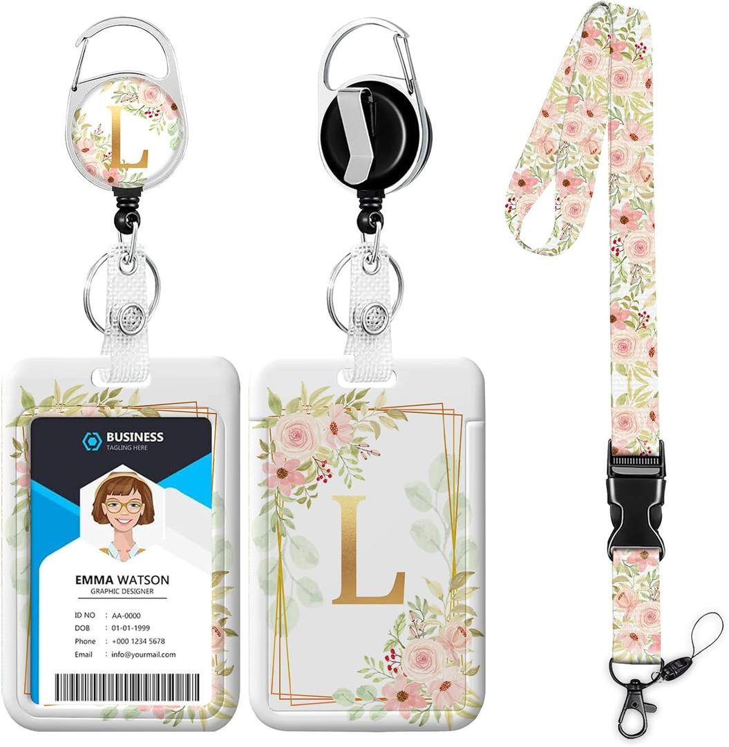 Letter L Lanyards for ID Badges,Floral Badge Holder with Lanyard Badge Reel Retractable Keychain ID Name Tag Work Badge Clip for Teacher Women Work Office