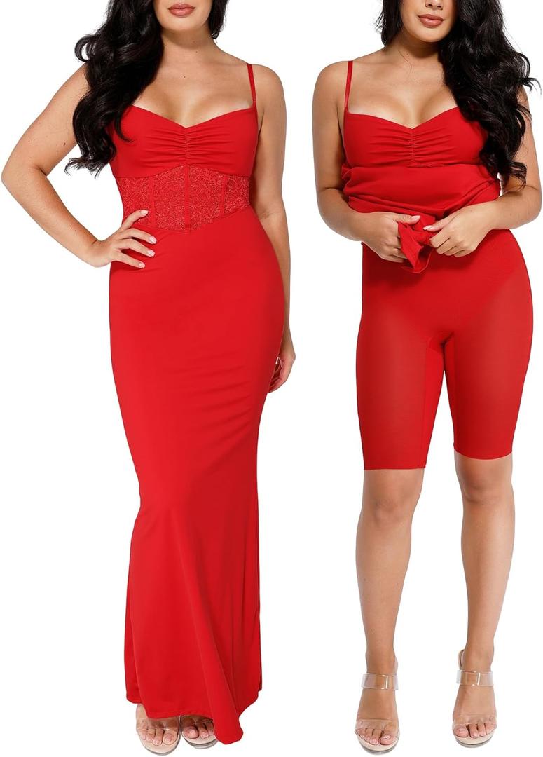 Popilush Shaper Dress Lace Formal Maxi Dresses with Built in Shapewear Corset Cocktail Party Dress Evening Gown (Red). M Size