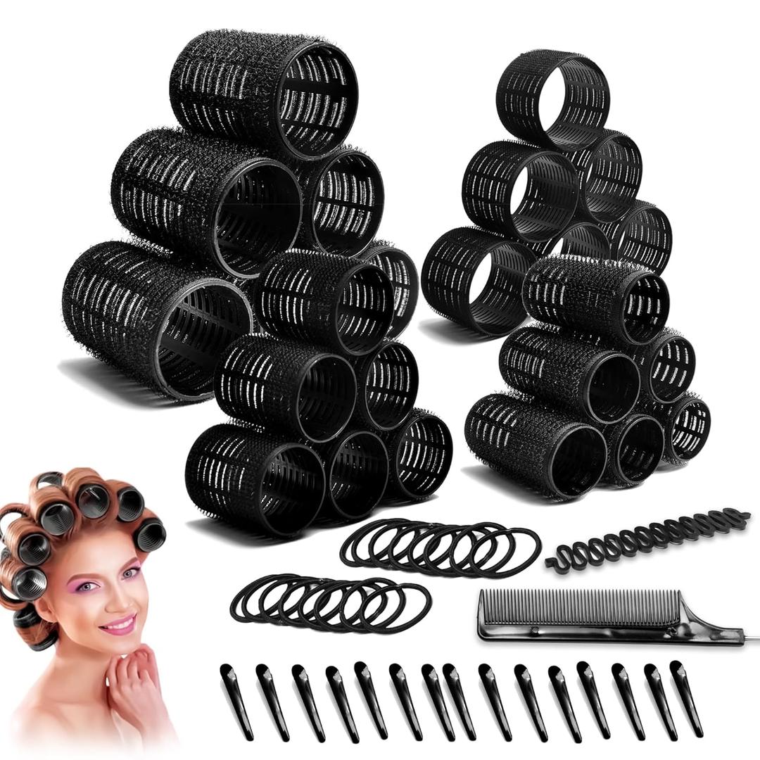 4 Sizes 54pcs Hair Rollers -Self Holding Curlers for Long-Short Hairs-Gripping Sticky Hair Volume Rollers Set-Curling Tool-Black Rollers Set.(76mm-50mm-44mm-30mm)