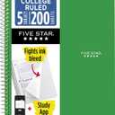 Five Star Spiral Notebook + Study App, 5 Subject, College Ruled Paper, 8.5" x 11", 200 Sheets, Green 