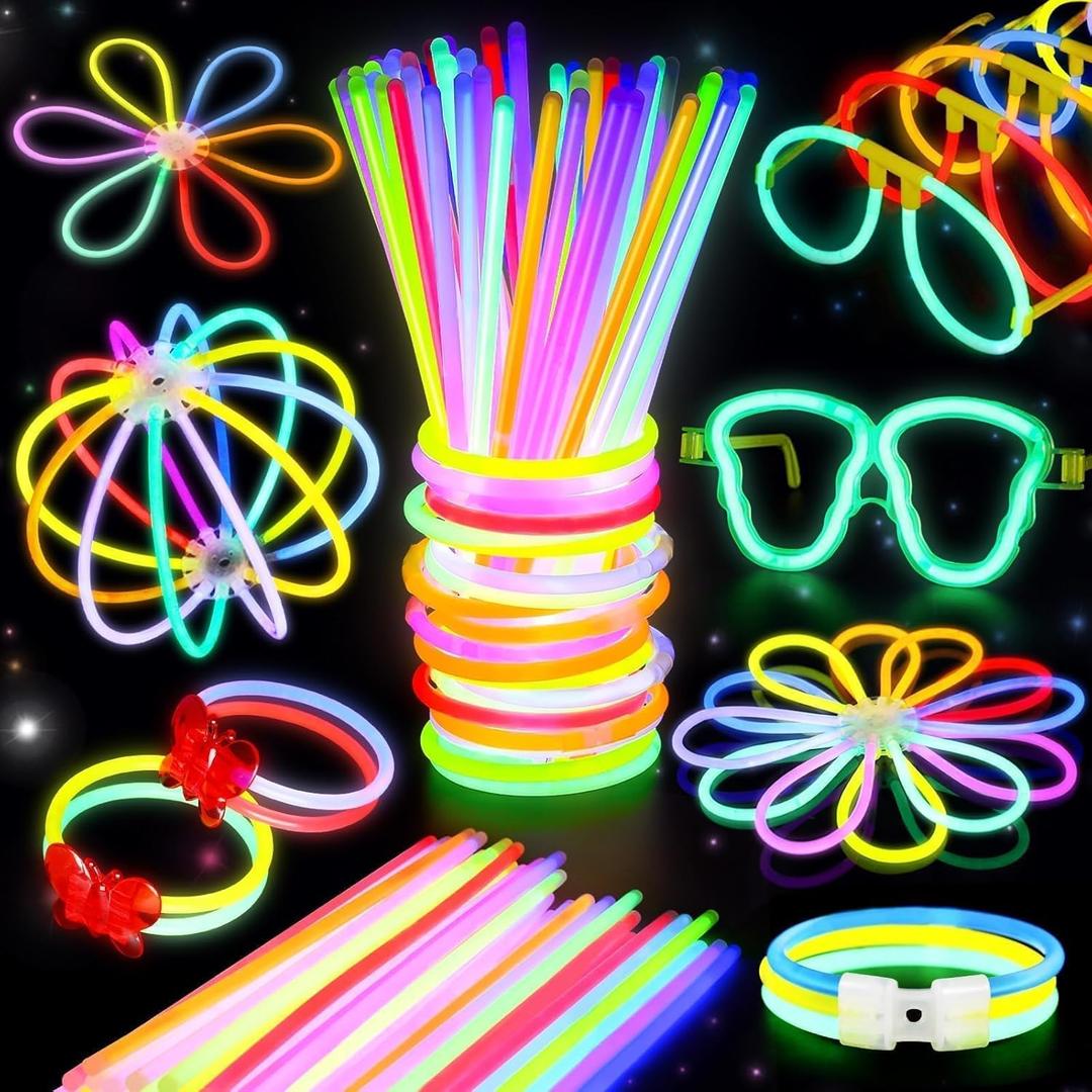 BUDI 467Pcs Glow Sticks New Years Eve Party Supplies Party Favors for Kids Adult Glow in the Dark 4th of July Accessories Neon Decors Necklaces Glowsticks Bulk 8 Colors 8" with Glasses Connectors