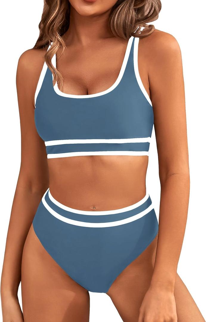 BMJL Women's High Waisted Bikini Sets Sporty Two Piece Swimsuits Color Block Cheeky High Cut Bathing Suits (Grey Blue011) S