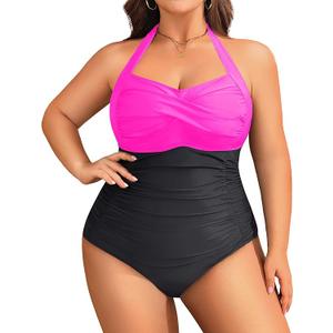 Yonique Plus Size Bathing Suit for Women One Piece Swimsuit Tummy Control Halter Tops for Women Swimwear, 20W, Hot Pink and Black