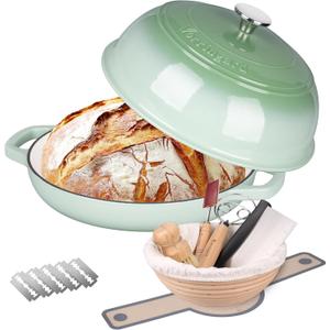 Enameled Cast Iron Dutch Oven Pot with Lid, Bread Oven for Sourdough Bread Baking, Dutch Ovens with Bread Proofing Basket& Baking Supplies Set, 6 Quart, Green