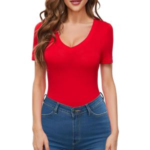 Women V Neck Short Sleeve Tight Fitted Summer Dressy Casual Sexy Cute Tops T Shirts Tee Tshirt Clothes (Red), M