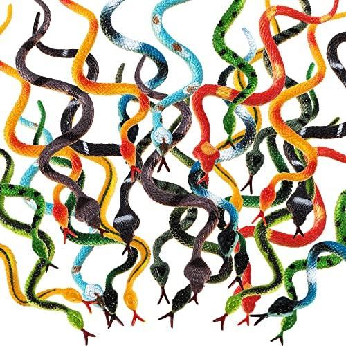 Blulu 50 Pcs Small Plastic Snakes Realistic Rubber Fake Snake 4 Inch Assorted Colorful Toys for Garden Prank Prop Scare Birds Halloween Party Favors