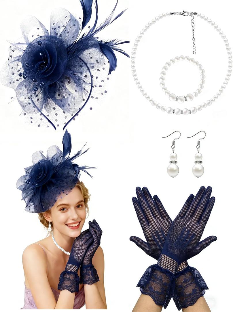 1920s Vintage Fascinators Hat Set for Women Tea Party Hats Veil Mesh Feather Headband Lace Gloves Set (Blue)