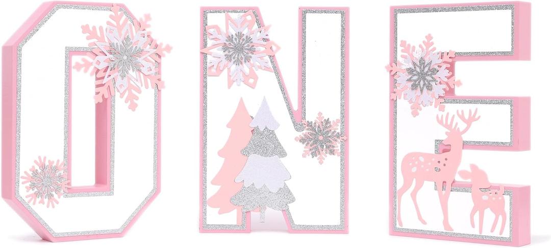 Wooden Snowflakes ONE Decoration - Winter Onederland ONE Sign，Pink Centerpiece Table Decoration, Baby Girl 1st Birthday Party Supplies Photo Prop, Christmas Snowflake Home Decor