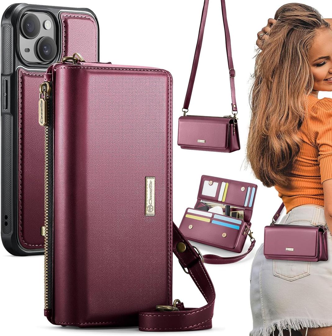 CaseMe 2-in-1 Detachable for iPhone 15 Plus Crossbody Wallet Case with RFID Blocking 10-Card Holder for Woman, PU Leather Wrist Strap Zipper Purse Wallet Phone Case for iPhone 15 Plus 6.7", Wine Red