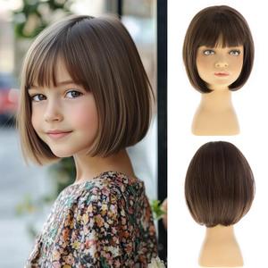 Short Brown Kids Wig Girls Straight Bob Wig with Bangs Synthetic Cosplay Halloween Costume Party Use