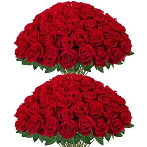 InnoGear 50 Pcs Red Roses Artificial Flowers, Fake Velvet Silk Rose Bulk Faux Flower for Valentine's Gift Decoration DIY Wedding Centerpieces Proposal Bridal Bouquets Party Floral Decor (50, Red)