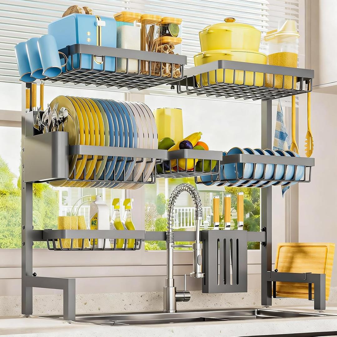 Dish Drying Rack - Over The Sink Dish Drainer Drying Rack with Utensil & Knife Holder, Hooks, Stainless Steel Kitchen Organizers and Storage Solution, 11.8" D x 31.5"~39.0''W x 30" H, Gray