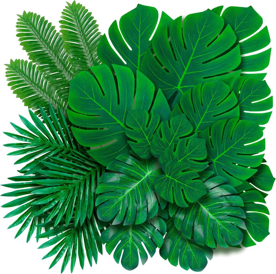 Decopom Artificial Palm Leaves 60-108 Pack - 6 Kinds Large Small Green Fake Palm Leaf with Stems for Safari Jungle Hawaiian Luau Party Table Decoration Wedding Birthday