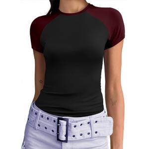 Abardsion Trendy Baby Tees for Women Y2K Shirts Cute Short Sleeve Crewneck Slim Fit Going Out Tops (Medium, Black & Burgundy-sleeve)