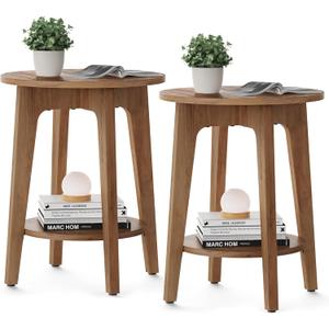 VASAGLE MAEZO Collection - Set of 2 Side Tables, 2-Tier Small Round End Tables, Nightstands with Tapered Legs, Curved Transitions, for Small Spaces, Living Room, Bedroom, Rustic Walnut ULET289K01