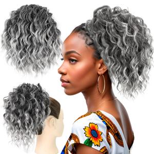 Messy Bun Hair Piece Elastic Drawstring 8inch Gray Loose Curly Bun Hair Extensions Synthetic Curly Yaki Hair Short Drawstring Ponytail for Women Daily Party Use(T1B/Gray) (T1B/Gray Salt and Pepper)