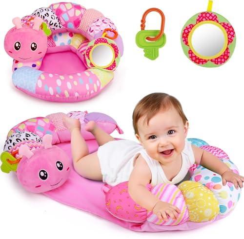 2 in 1 Baby Tummy Time Mat & Support Seated Pillow Infant Newborn Toys 0 1 2 3 4 5 6 Months Pink Caterpillar Sensory Developmental Playmat 0-6 3-6 12 Month Mirror Babies Girls Shower Valentines Gifts