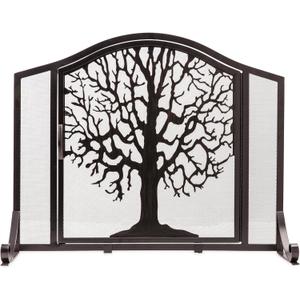 Plow & Hearth Metal Fireplace Screen Tree of Life Black | 38" W x 31" H | Magnetic Hinged Door | Spark Guard Cover | Stand Alone Wrought Iron Panel Fire Place Cover