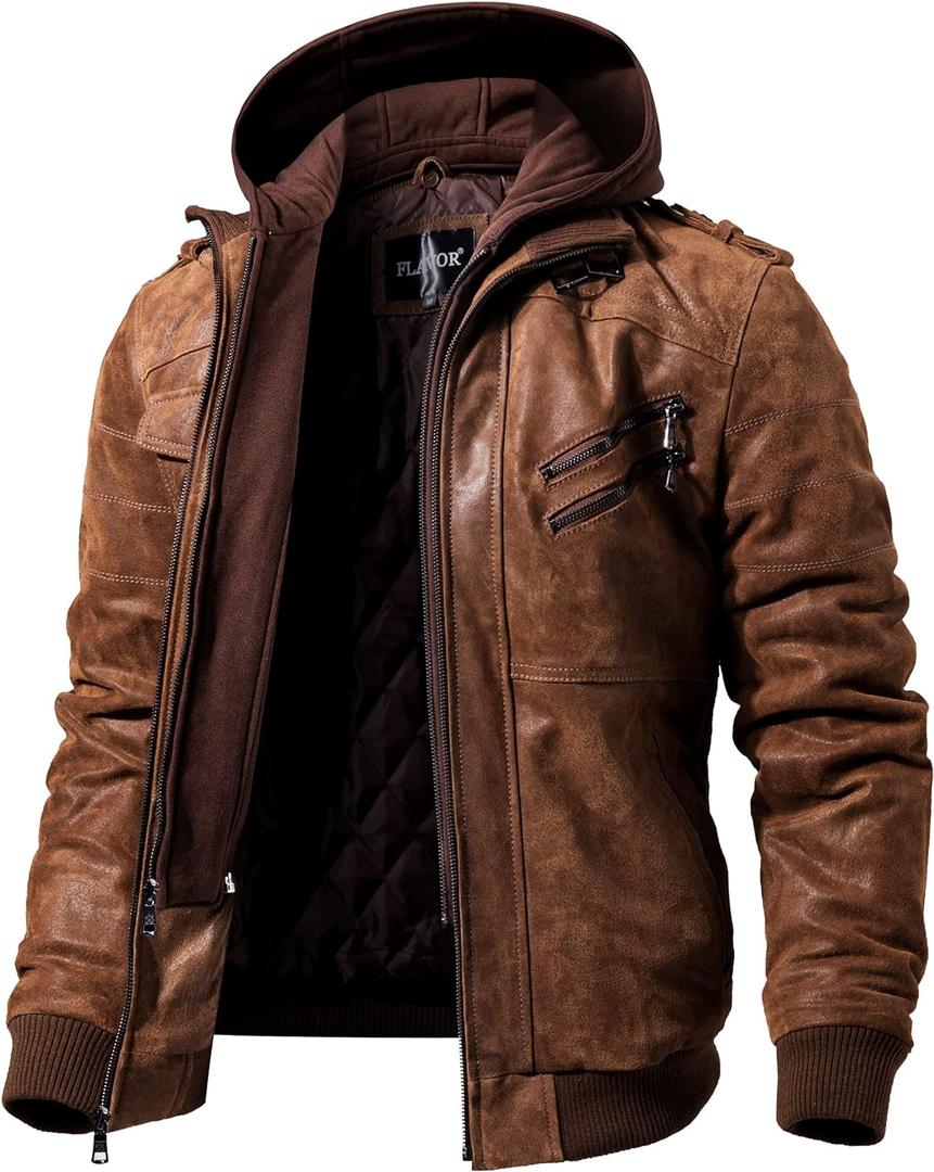 FLAVOR Men Brown Leather Motorcycle Jacket with Removable Hood (Large)