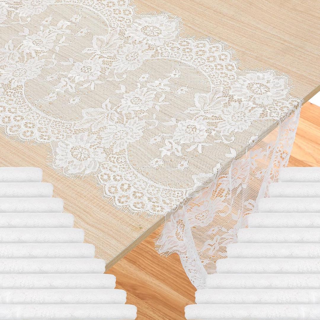 cobee 20 Pcs White Lace Table Runners, 14 x 120 Inch Rustic Embroidered Boho Table Runner Vintage Floral Wedding Decoration for Bridal Shower Vintage Party Decor