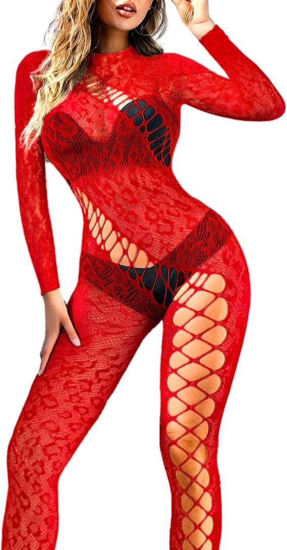 Sexy Women Leopard Jumpsuits, Hollow Out Backless, Sheer Dancewear (Red)