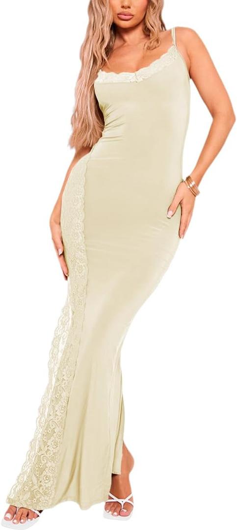 Women's Spaghetti Strap Maxi Dress Sexy Lace Split Side Long Cami Dresses (Large)