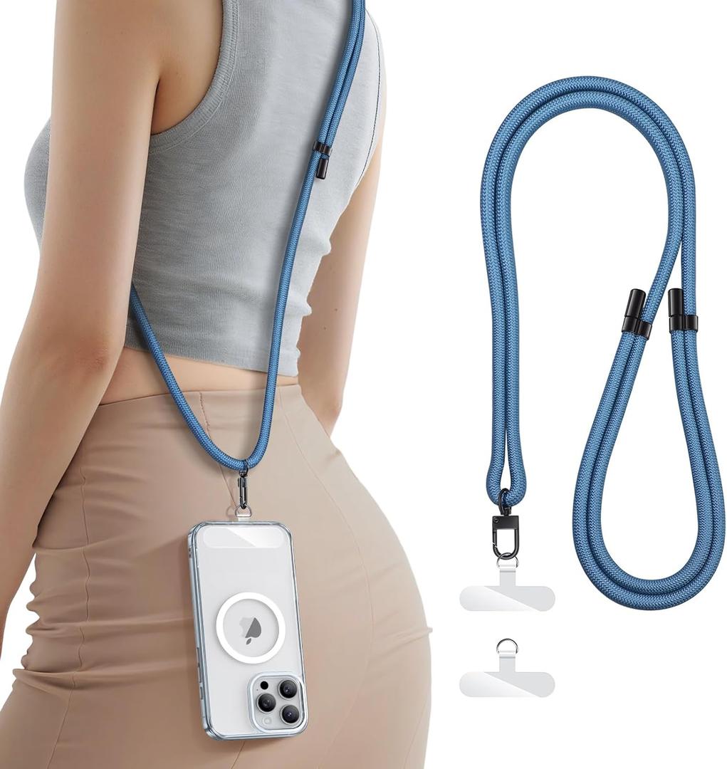 SSLOTSCASE for Phone Lanyard Crossbody with 2X TPU Clear Phone Pads, Flexible Adjustable Anti Theft Neck Strap, Premium Metal Buckles, Skin-Friendly, Universal Wrist Chain for Most Smartphones, Blue